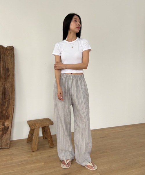 Didot.showroom ワイドパンツ スラックス パンツ リネンストライプ