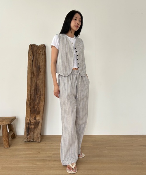 Didot.showroom ワイドパンツ スラックス パンツ リネンストライプ