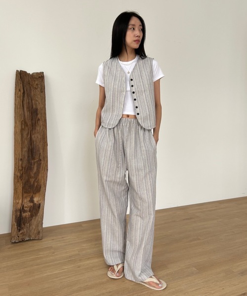 Didot.showroom ワイドパンツ スラックス パンツ リネンストライプ