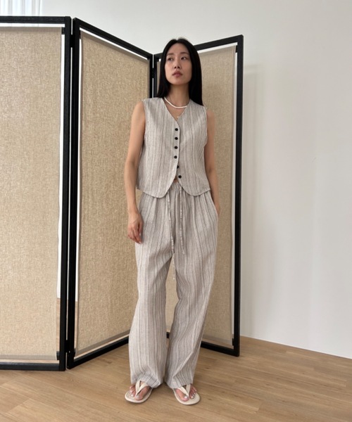 Didot.showroom ワイドパンツ スラックス パンツ リネンストライプ