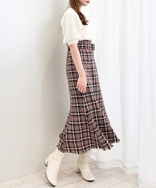 INGNI（イング） スカート 共ベルト付チェック柄フリンジマーメイド