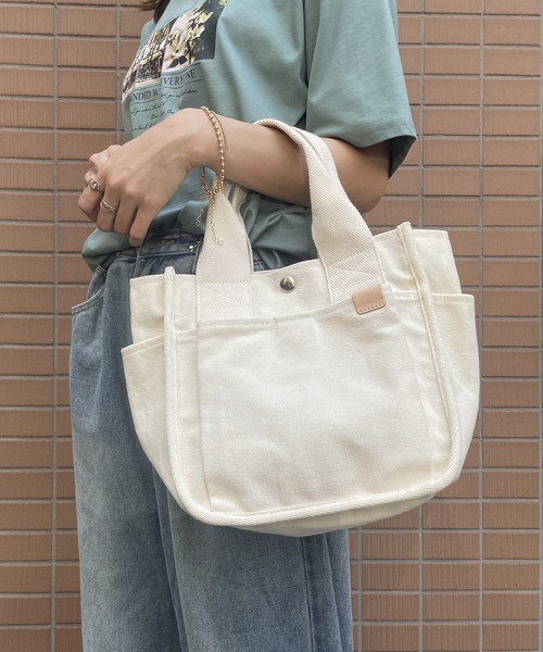 ikka トートバッグ 帆布サイドポケット仕切り手提げトートバッグ