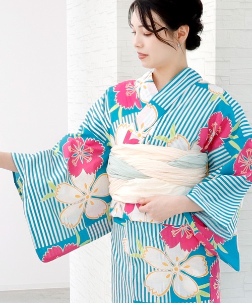 ゆん　画像1の浴衣と帯の２点 1度結ぶだけで着られる 浴衣 帯 2点セット キッズ ガールズ