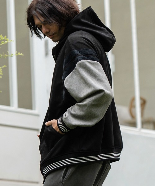 送料無料 ストリート バックプリント 肩落ち スタジャン 7650 CAMBIO スタジャン mj10078-Suede Like Ponti Hooded Jacket