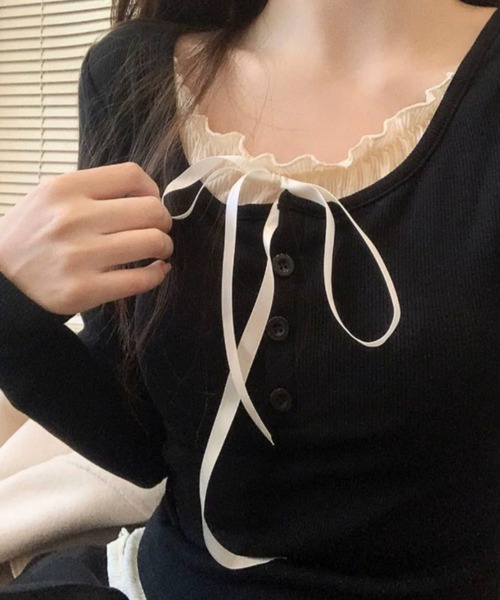 AsRiRe tシャツ 2タイプ展開 リボン付き 異素材ドッキングレースニット