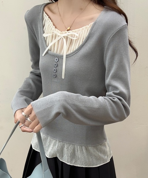 AsRiRe tシャツ 2タイプ展開 リボン付き 異素材ドッキングレース