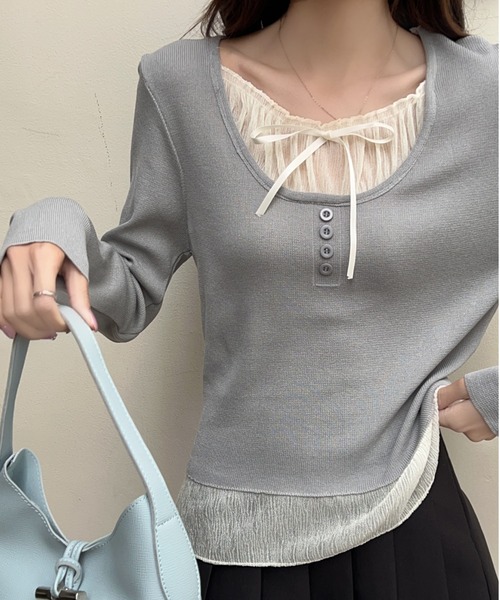 ダーリッチ シャツドッキングレースアップニットトップス 美品 ダーリッチ Darich シャツドッキングレースアップニットトップス