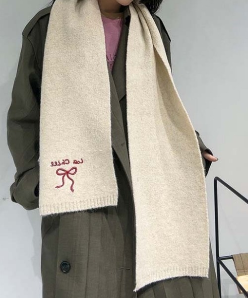 45R★刺繍が素敵なニットマフラー マフラー ストール リボン刺繍ニットマフラー レディース : ZOZOTOWN