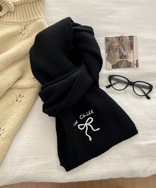45R★刺繍が素敵なニットマフラー SHIPS（シップス） マフラー ストール 細幅 刺繍 ニット マフラー