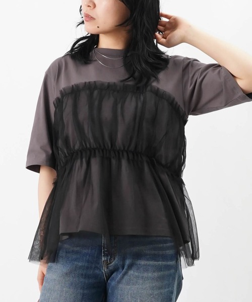 tシャツ LC/LLL 配色チュール切替プルオーバー レディース