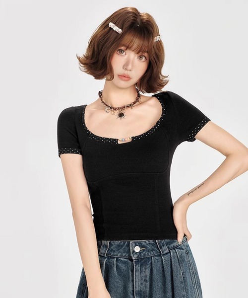 tシャツ ドット柄パイピング バックレースアップ 半袖トップス GH25s092「Girlyhalo」 レディース