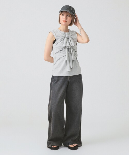 【新品】Ray BEAMS フロントリボン ノースリーブトップスグレー Ray BEAMS tシャツ フロント リボン ノースリーブ トップス