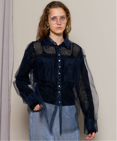 カーディガン 「25AW PRE-ORDER」Tulle Shirt Layered Polo Knit Cardigan/チュールシャツレイヤードポ