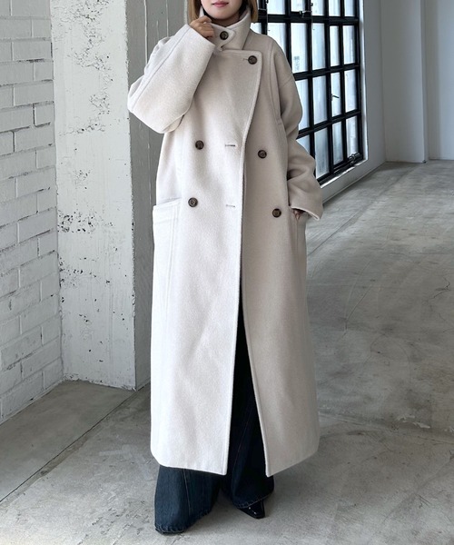 美品/ベイジ BEIGE★ウールリバーコート ボタンレス ロングチェスターコート PAGEBOY（ページボーイ） コート チェスターコート ウーリーテック
