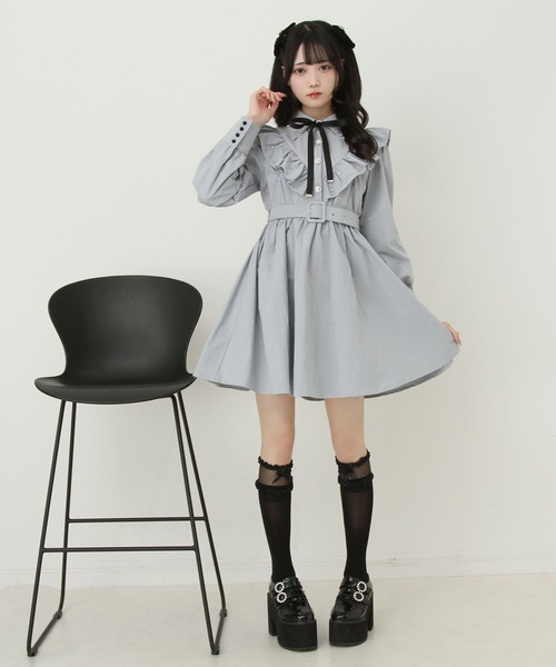 DearMyLove ワンピース ビジュー襟フリルギャザーシャツワンピース