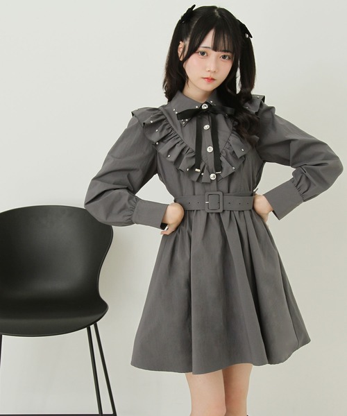 DearMyLove ワンピース ビジュー襟フリルギャザーシャツワンピース