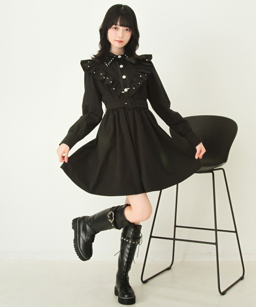 DearMyLove ワンピース ビジュー襟フリルギャザーシャツワンピース