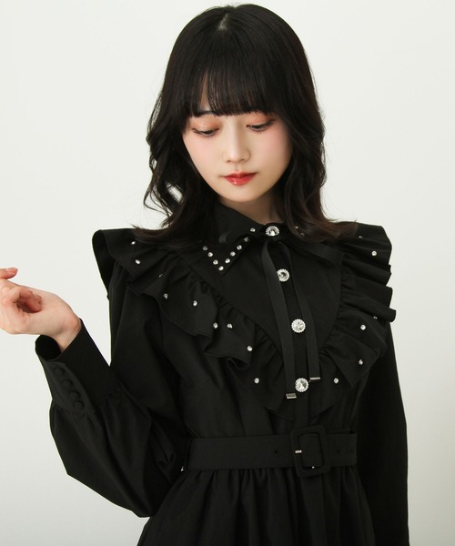 DearMyLove ワンピース ビジュー襟フリルギャザーシャツワンピース