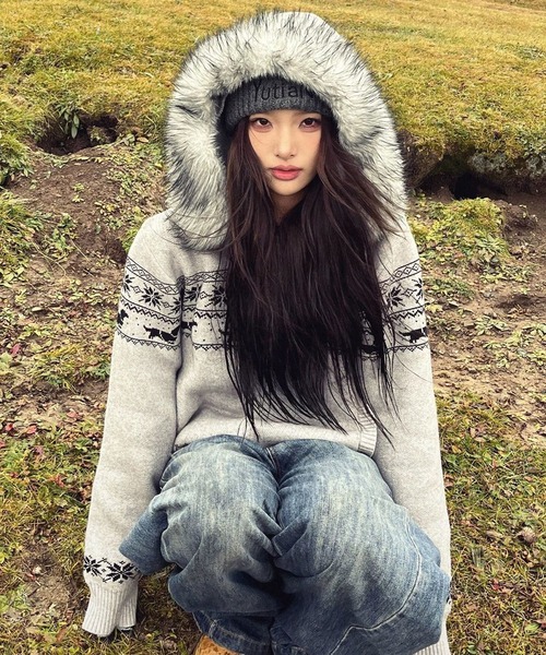 Chiina パーカー Chiina /ダブルジップ ノルディックニットファー