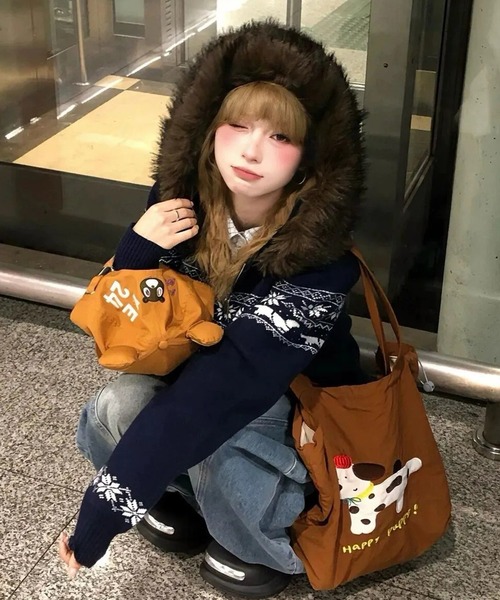 Chiina パーカー Chiina /ダブルジップ ノルディックニットファー