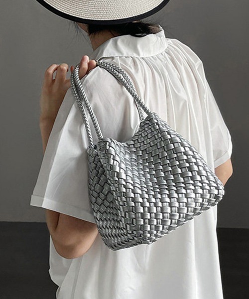 編み込みデザイン ハンドバッグ ハンドバッグ 編み込みデザインハンドバッグ×ミニバッグ付き