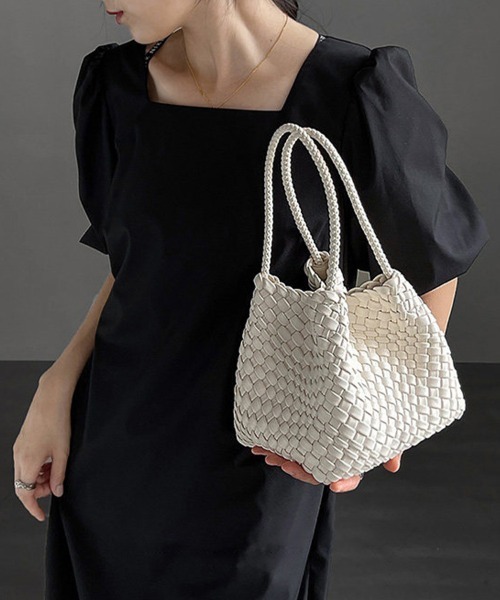 ハンドバッグ 編み込みデザインハンドバッグ×ミニバッグ付き