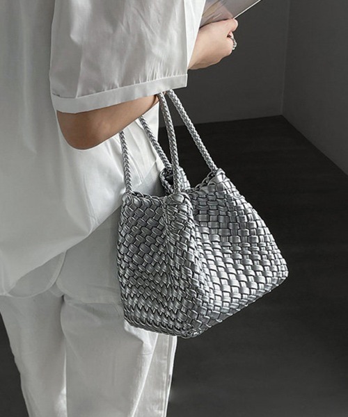 ハンドバッグ 編み込みデザインハンドバッグ×ミニバッグ付き