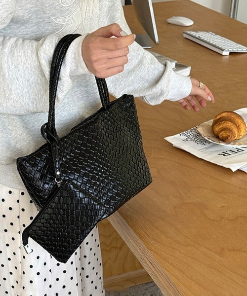 ハンドバッグ 編み込みデザインハンドバッグ×ミニバッグ付き