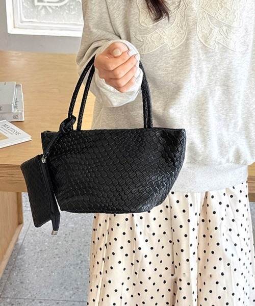 ハンドバッグ 編み込みデザインハンドバッグ×ミニバッグ付き