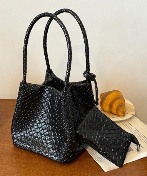 ハンドバッグ 編み込みデザインハンドバッグ×ミニバッグ付き