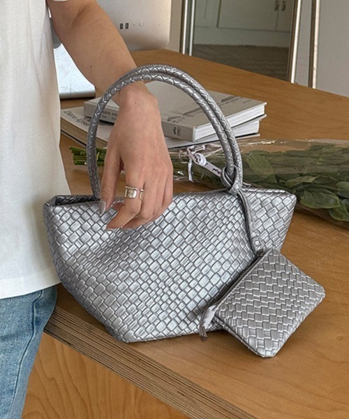 ハンドバッグ 編み込みデザインハンドバッグ×ミニバッグ付き