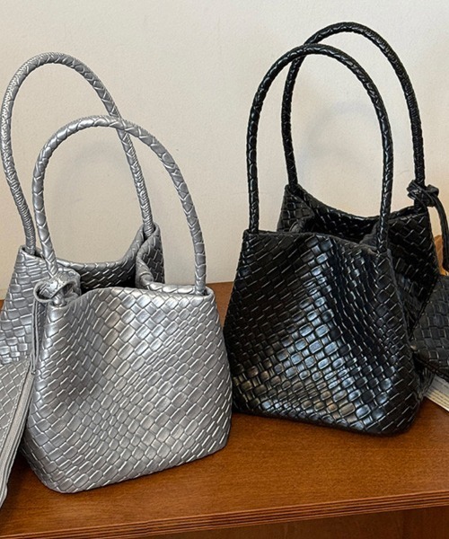 ハンドバッグ 編み込みデザインハンドバッグ×ミニバッグ付き