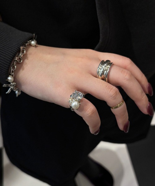 e.m.（イーエム） 指輪 リング ジルコニア・パール3つ石ピンキーリング