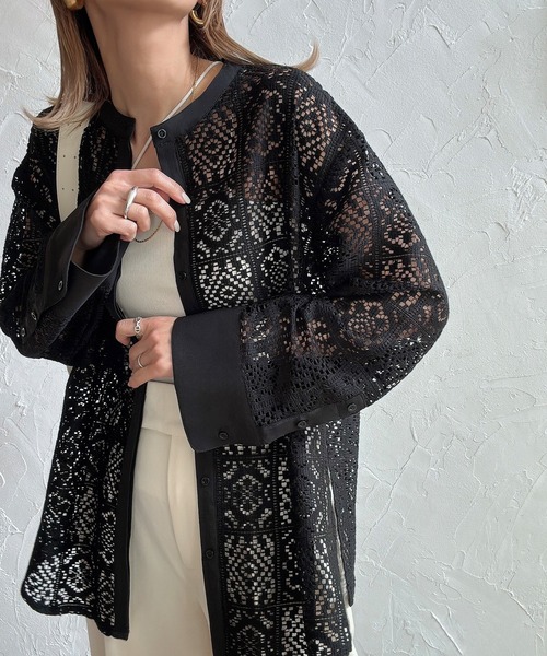 JUNOAH（ジュノア） ブラウス シャツ ノーカラーレースシャツ