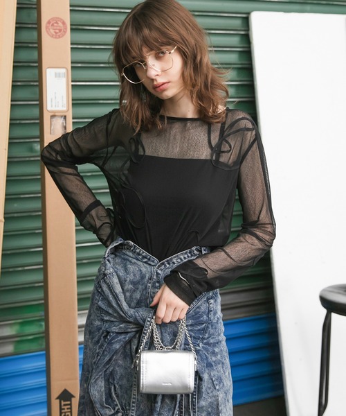 tシャツ 「WEB限定」フロントシアーロゴ刺繍カットソー レディース セール】【forksy.】ニュアンス柄コード刺繍シアー半袖Tシャツ