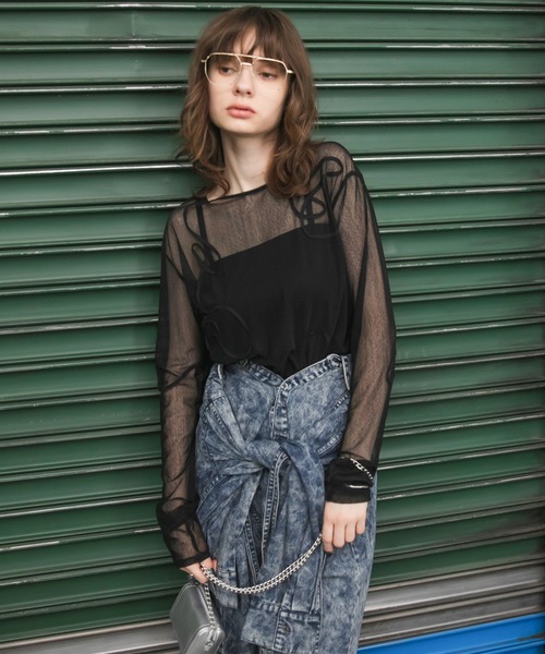 tシャツ 「WEB限定」フロントシアーロゴ刺繍カットソー レディース forksy. tシャツ 「forksy.」ニュアンス柄コード刺繍シアー