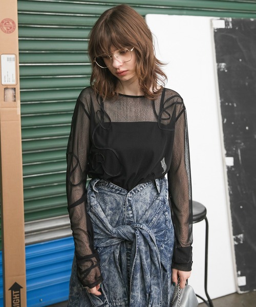 forksy. tシャツ 「forksy.」ニュアンス柄コード刺繍シアー