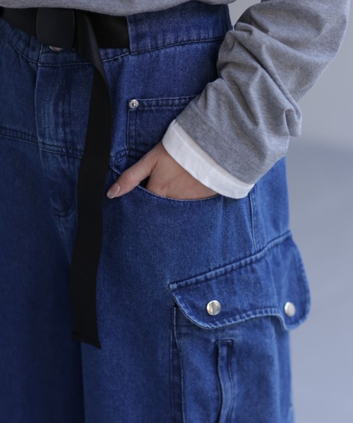 IU着用 デニム カーゴパンツ ラグスタイル LUXSTYLE ケミカルウォッシュデニムワイドカーゴ