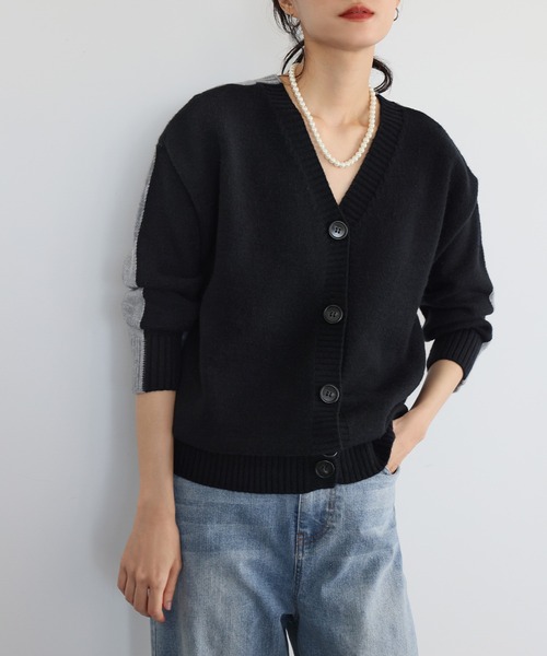 ELFRANK カーディガン 前後2WAYバイカラーニットカーディガン