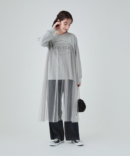 styling/ スタイリング チュールレイヤードトップス Cutie Blonde tシャツ ふわっと揺れる チュールレイヤード