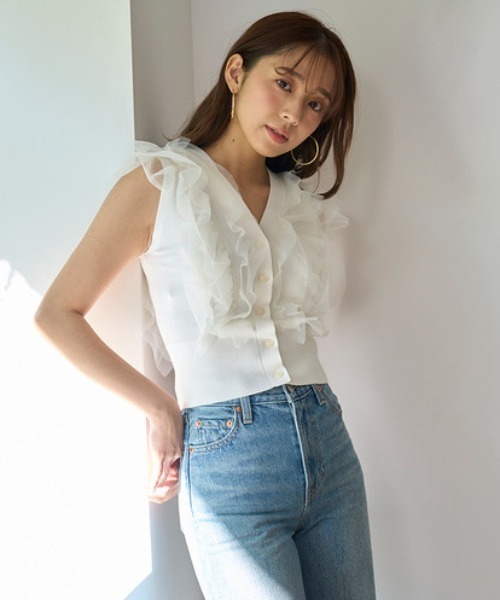 SNIDEL ニット セーター チュールフリルノースリニットプル