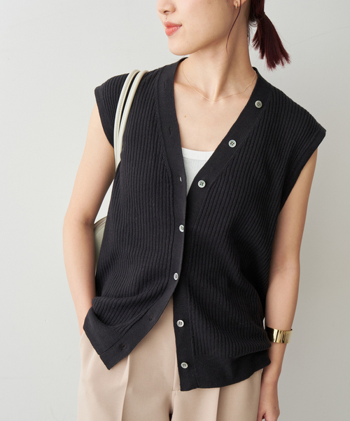 新品　スピック&スパン　リネンVネック ベスト Spick＆Span ベスト ジレ リネンコットンリブニットベスト