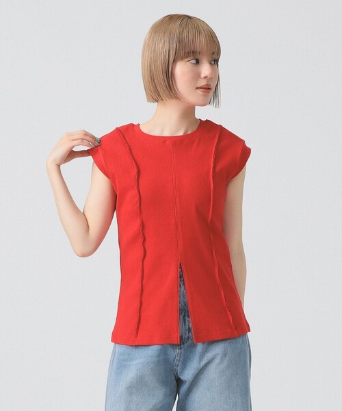tシャツ リブ フロント スリット ノースリーブ カットソー レディース
