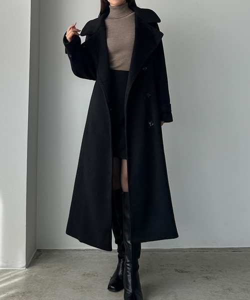 Louere ミドル丈ウエストシェイプフレアコート ブラック S Louere