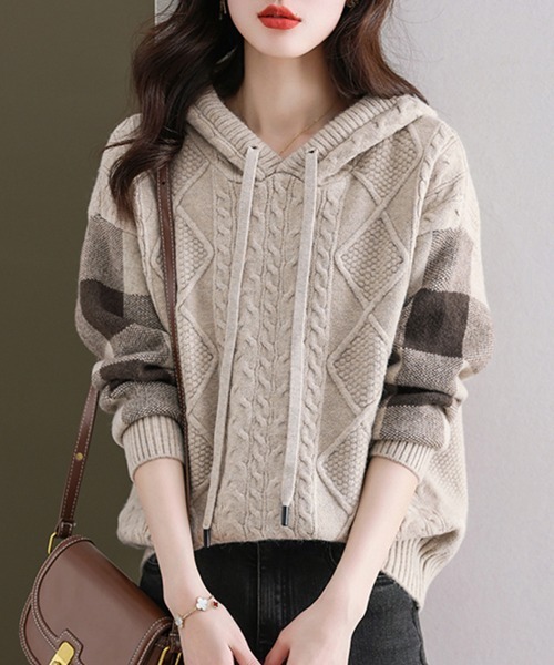 ニット セーター ケーブル編み×ボーダー袖フード付きニットトップス
