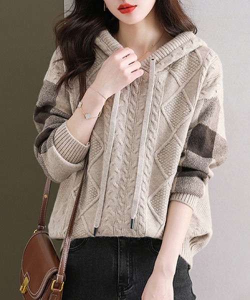 ニット セーター ケーブル編み×ボーダー袖フード付きニットトップス