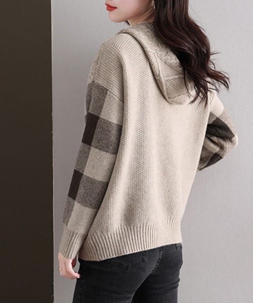 ニット セーター ケーブル編み×ボーダー袖フード付きニットトップス