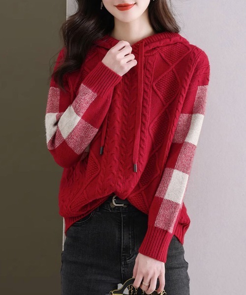 価格交渉可　ストライプ柄 フード付きニット ニット セーター ケーブル編み×ボーダー袖フード付きニットトップス