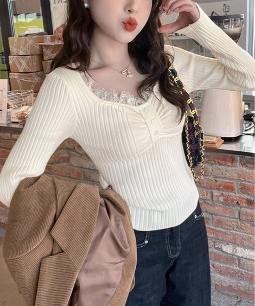 ニット セーター レーストリム リブ Vネック トップス レディース