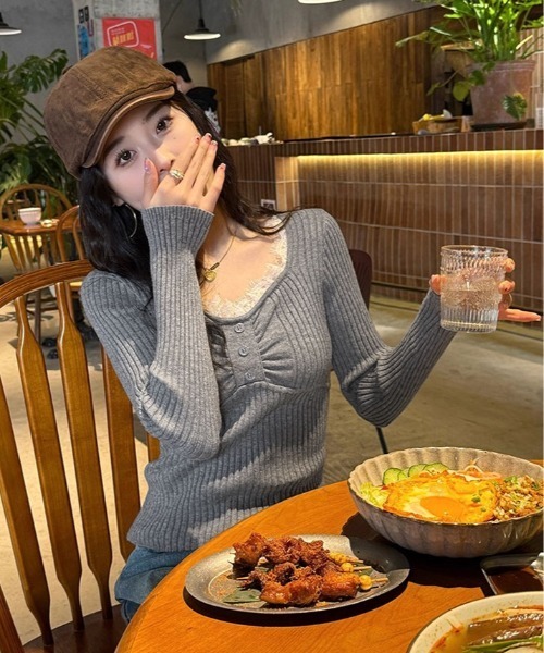 ニット セーター レーストリム リブ Vネック トップス レディース